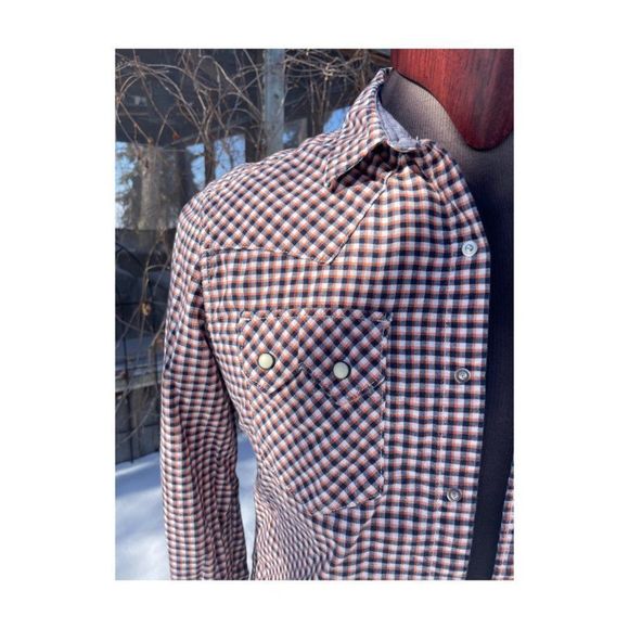 1980s Levi's Western Shirt Little e Black Orange Check Pearl Snap Sawtooth Pocke - Picture 3 of 10